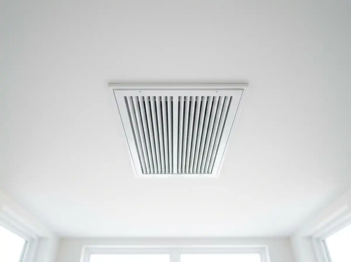 A clean ceiling air vent register in a bright modern home