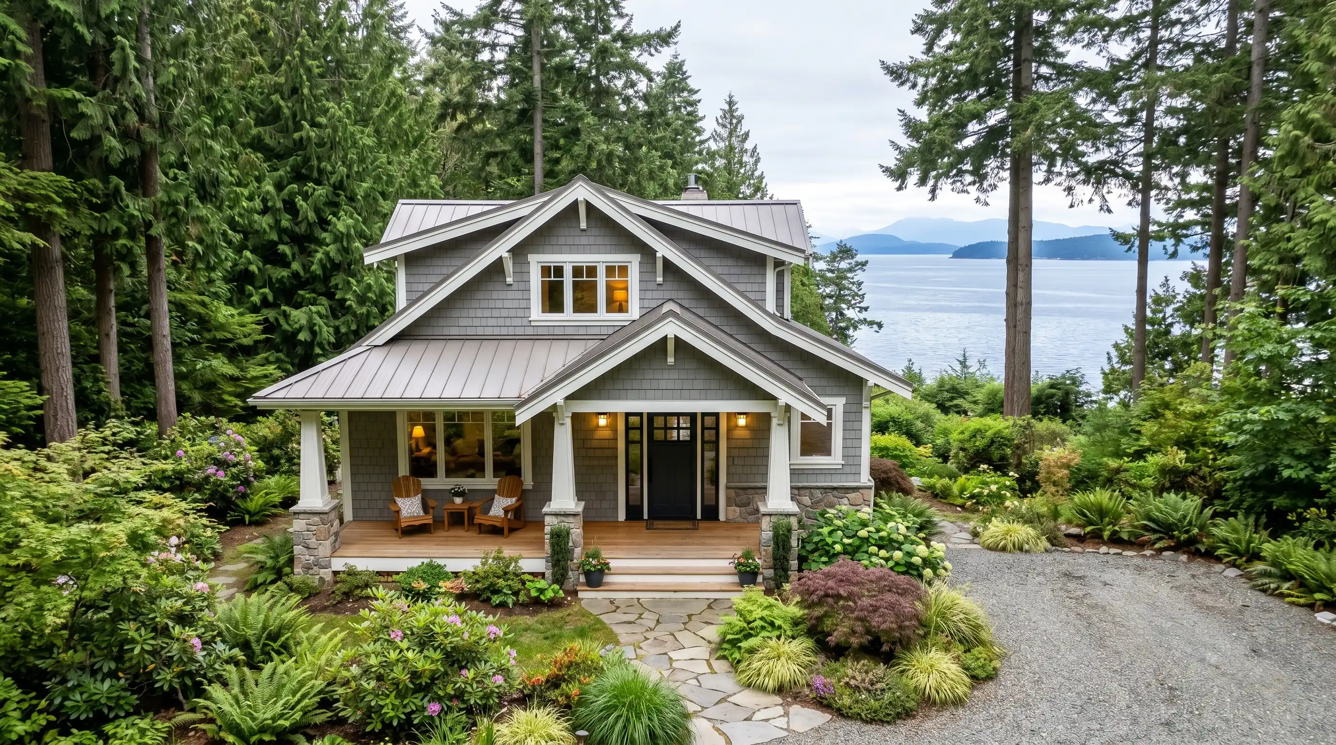 A Skagit Valley home surrounded by evergreens with a view of Puget Sound