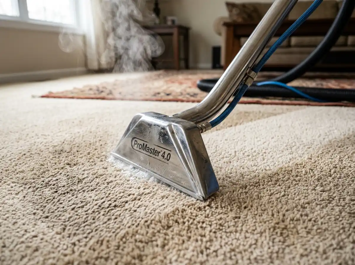 Truck-mounted carpet cleaning leaving a bright, freshly cleaned stripe across plush carpet