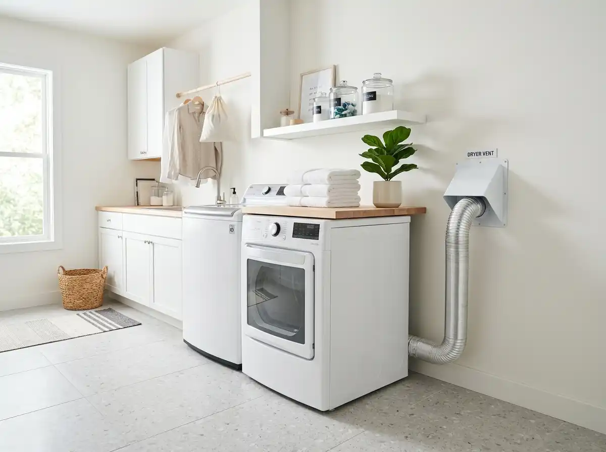 A clean, bright laundry room with a white clothes dryer and clean venting