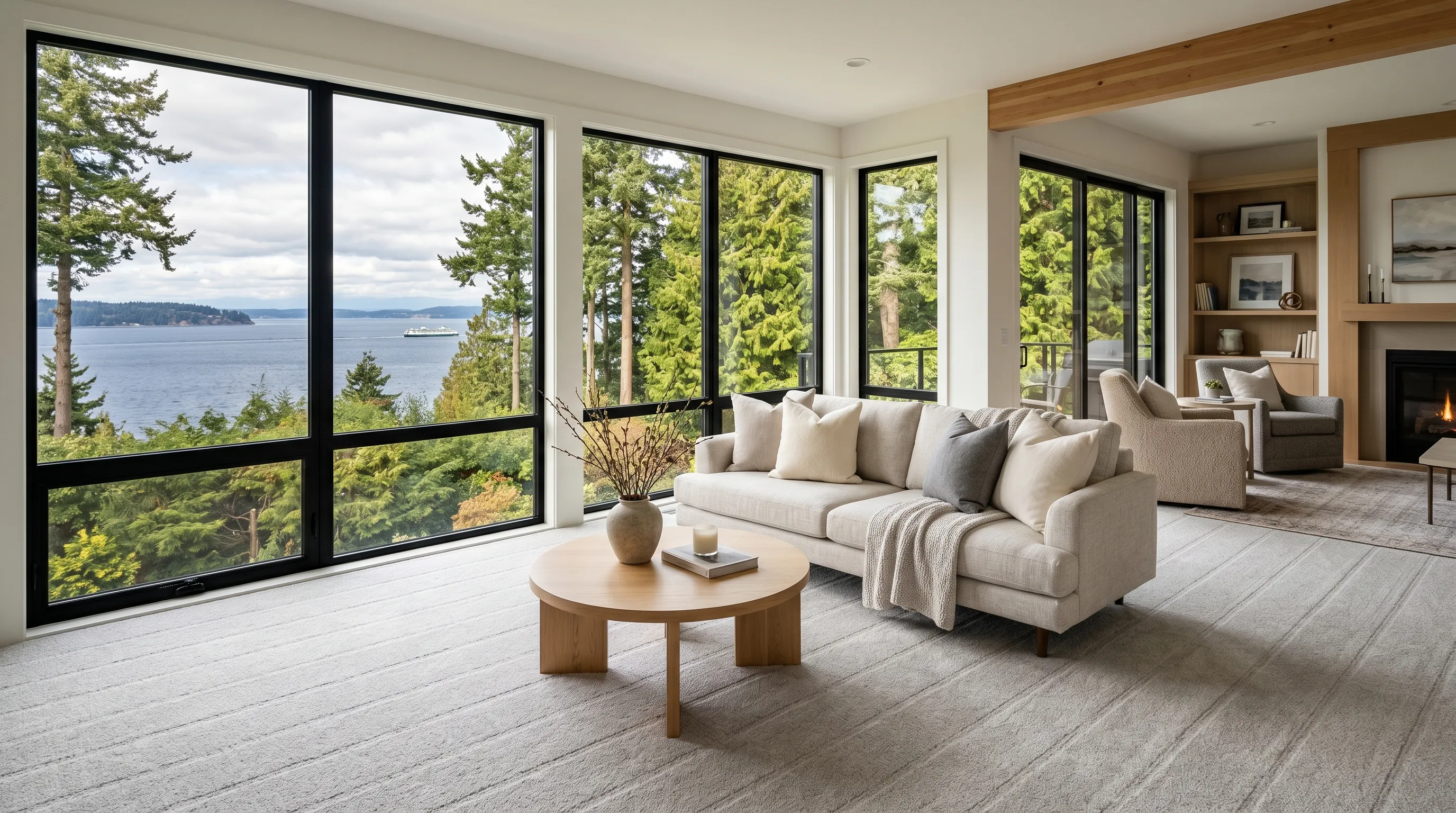 Bright, clean carpeted living room in a Washington coastal home