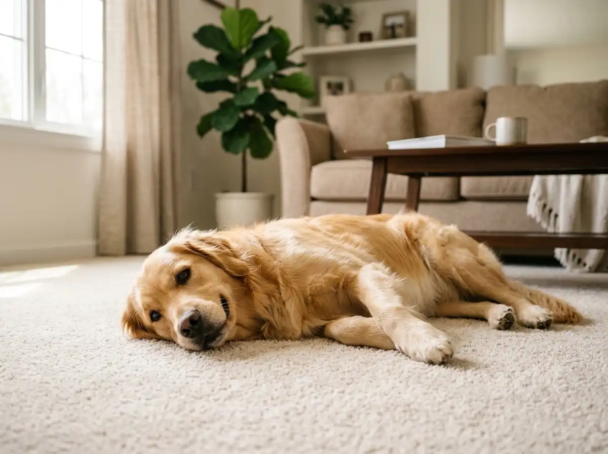 A dog resting on spotless carpet after professional stain removal