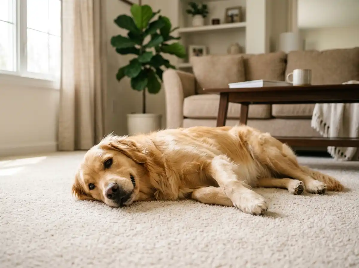 A happy dog resting on spotless carpet after professional pet odor removal