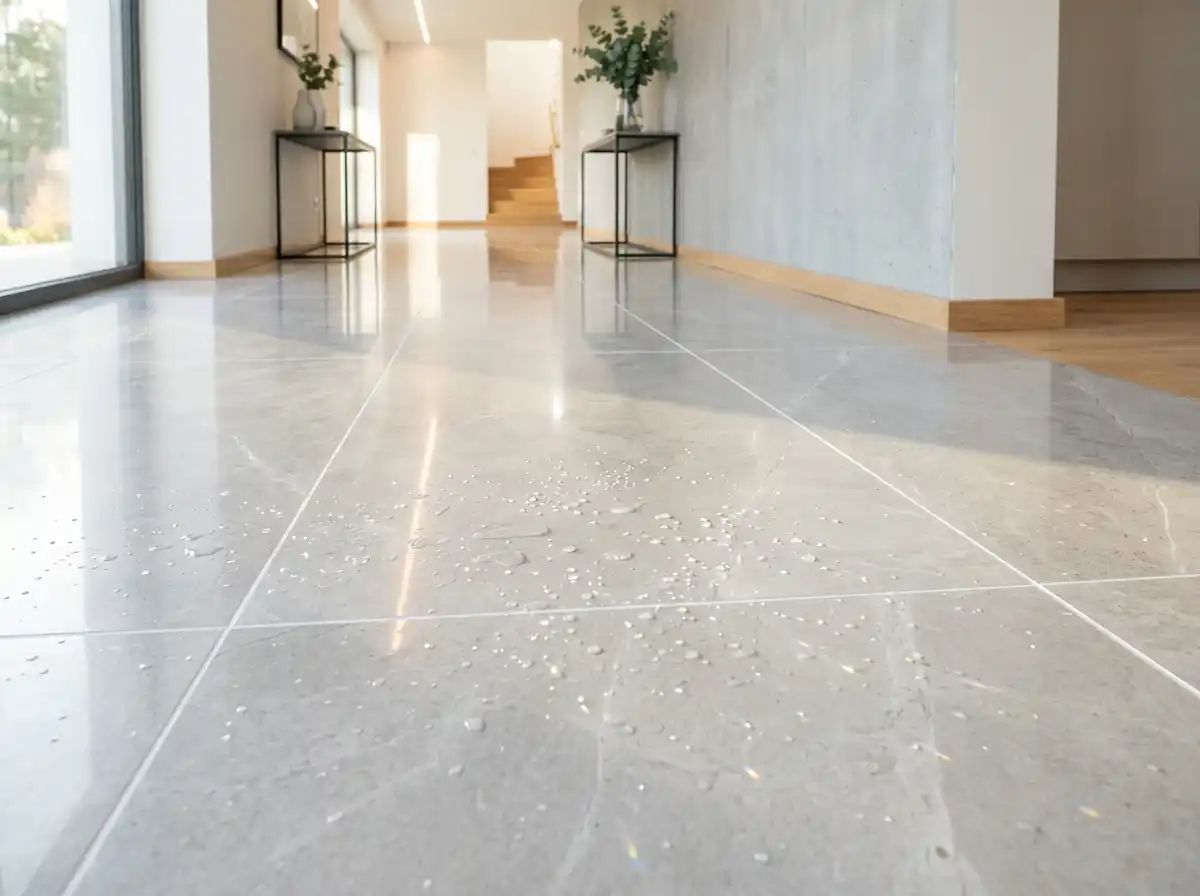 A sparkling clean tiled floor with bright white grout lines after professional cleaning