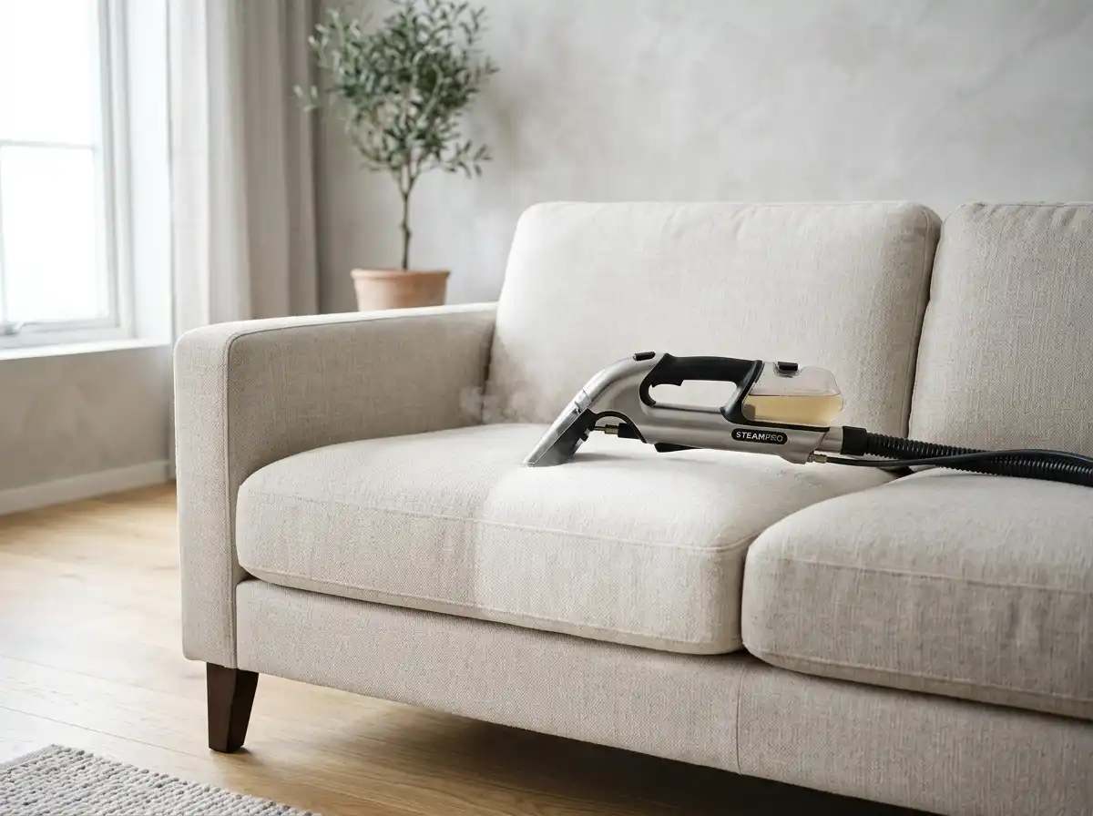 A handheld steam cleaning tool working across a light linen cushion, with an oak floor behind